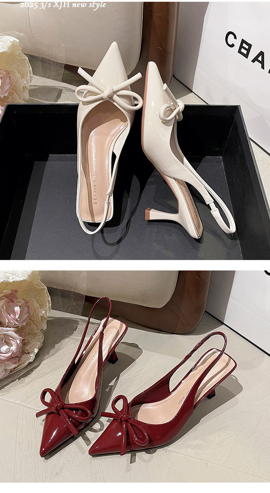 Giày cao gót nữ mũi nhọn gót mảnh quai ngang thắt nơ, sandal bít mũi gót 6–8 cm — Màu trắng be, Màu đen, Màu đỏ rượu chi tiết 15