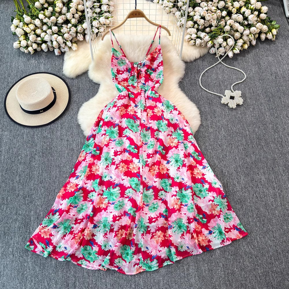 Colorful Floral V-Neck Strap For Women Summer Bohemian Niche Beach Vacation Style A-Line Long Dress_ecoleips.com