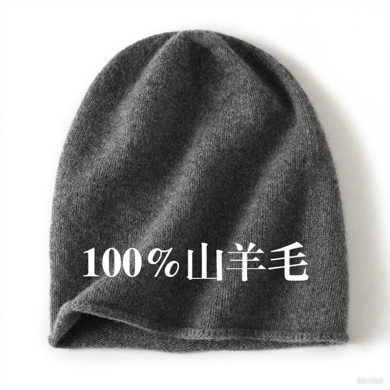 Korean Single-Layer 100% Goat Wool Warm Slouchy Beanie Unisex Rolled-Edge Knit Hat Cold Weather Hat Cos Style Ear-Covering Hat