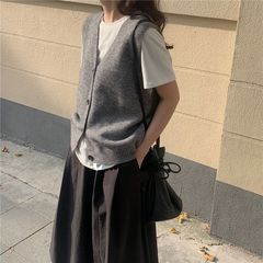 灰色针织衫开衫女无袖外搭坎肩慵懒百搭短款马甲毛衣背心春秋新款
