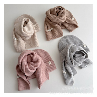 Korean Kidsren's New Simple Pure Color Vertical Label Versatile Winter Warm Hat and Scarf Set for Boys and Girls Two-Piece Set