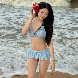 韩系少女度假ins复古比基尼小胸性感泡温泉显瘦遮肉纯欲分体泳衣