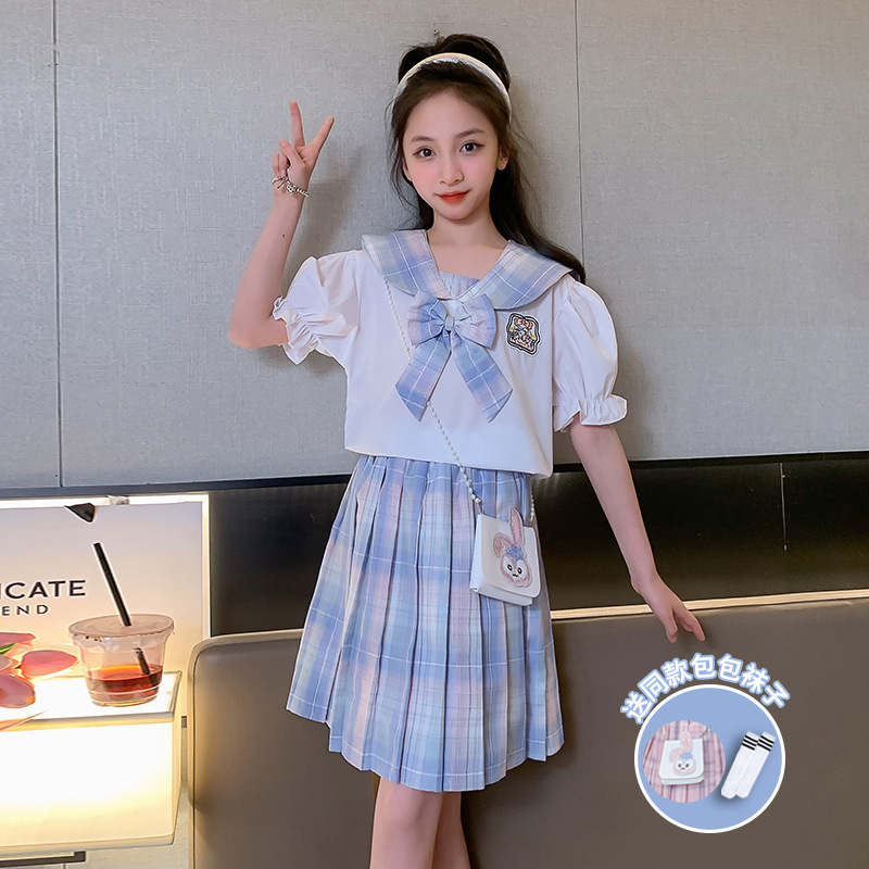 女の子jkスーツのスカート韓国版六一ショーの服の半袖夏服の学院の風の女の子のプリーツのスカートの2つのセットのファッション|undefined
