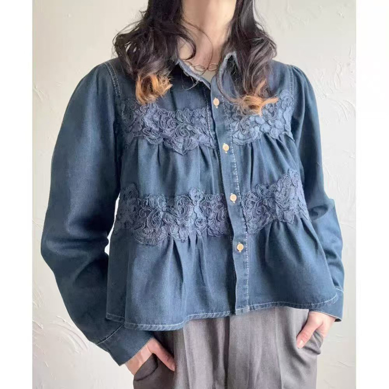 2026 Korean Women's Fashion Spring and Autumn New Style Sweet Lace Slim-Fit Long-Sleeve Denim Shirt with a Turn-Down Collar