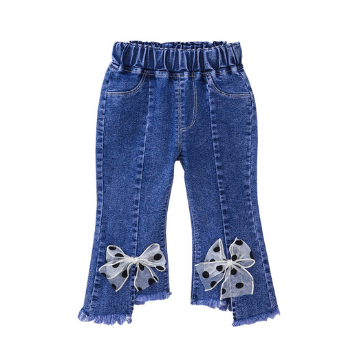 Girls jeans 2024 new spring and autumn children's clothing baby girl stretch trousers children's pants bow flared pants