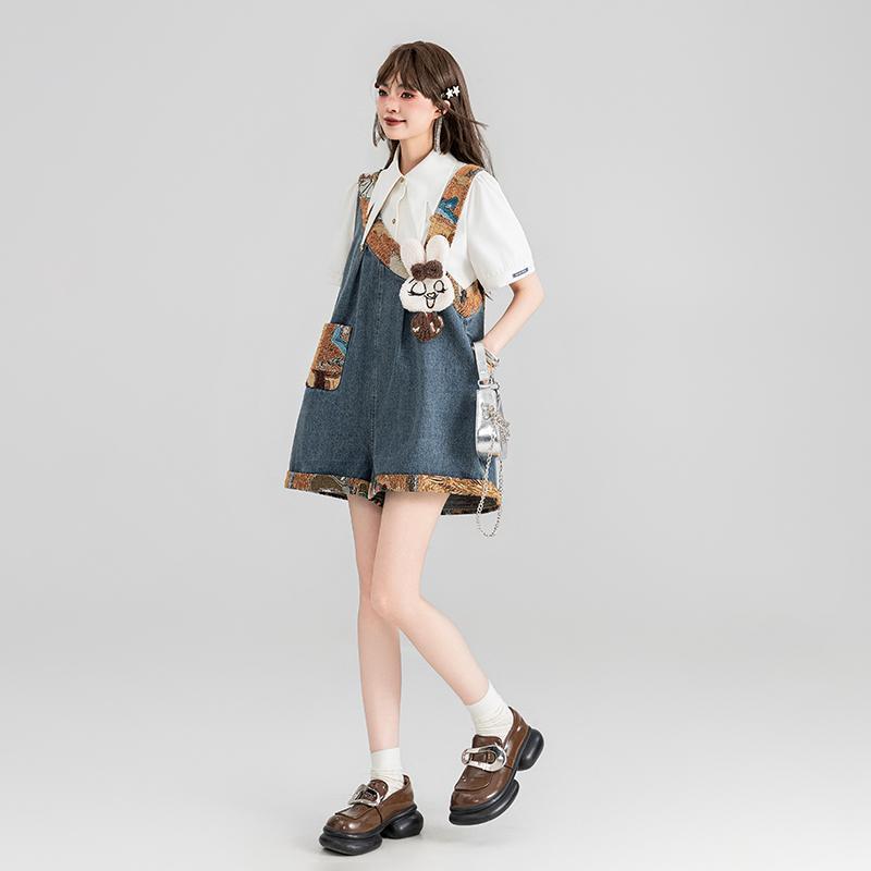 Girls Denim Suspender Shorts Suit Summer 2025 New Style Children's Pants Summer