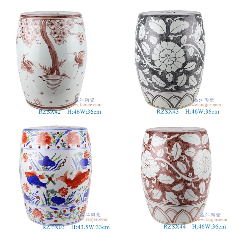 景德镇陶瓷凳子手绘矾红松鹤鼓凳青花斗彩鱼藻纹凉墩凳子收藏摆件