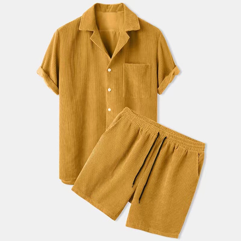 Cross-border foreign trade men's clothing 2024 new solid color corduroy casual suit collar shirt shorts suit in stock Cross-border foreign trade men's clothing 2024 new solid color corduroy casual suit collar shirt shorts suit in stock