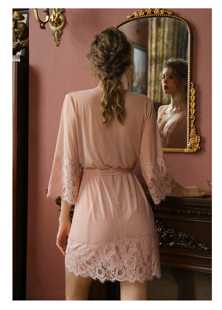 GraceChic GraceChic 2021 Primavera Estate Nuovo Sexy Pigiama da Donna in Stile Europeo Americano Set Due Pezzi Camicia da Notte in Pizzo Sottile e Vestaglia_voghion.com