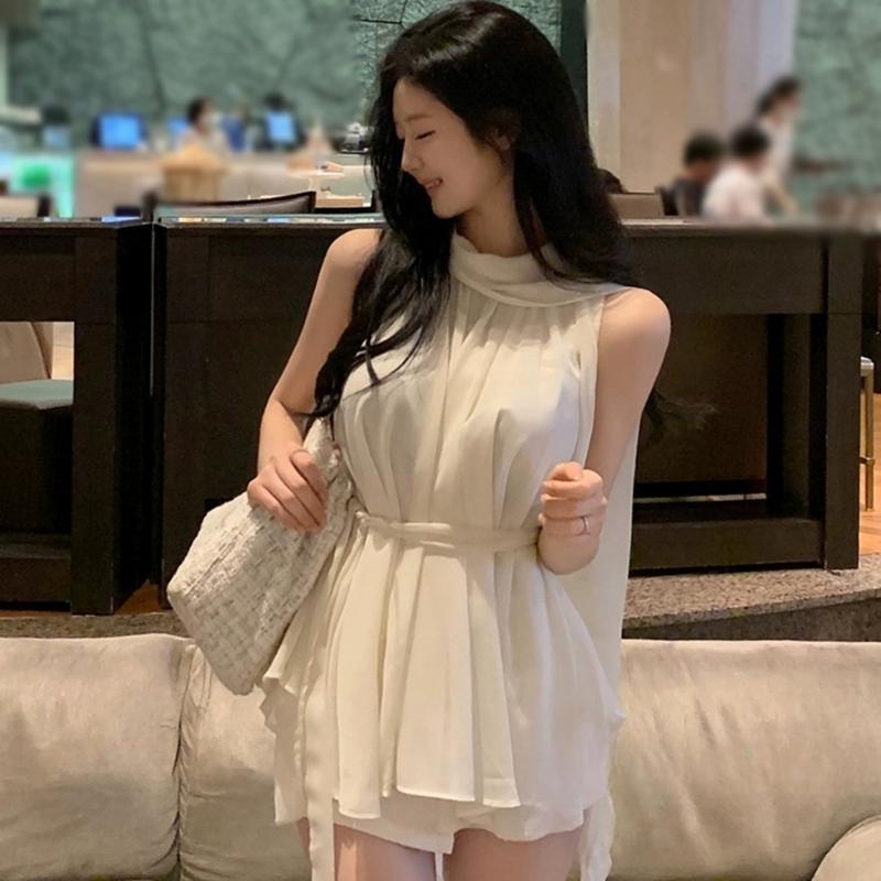 South Korea's Dongdaemun Spring and Summer New Elegant Neckline Lace-Up Waist Pure Color Sleeveless Chiffon Shirt T-Shirt Tops for Women
