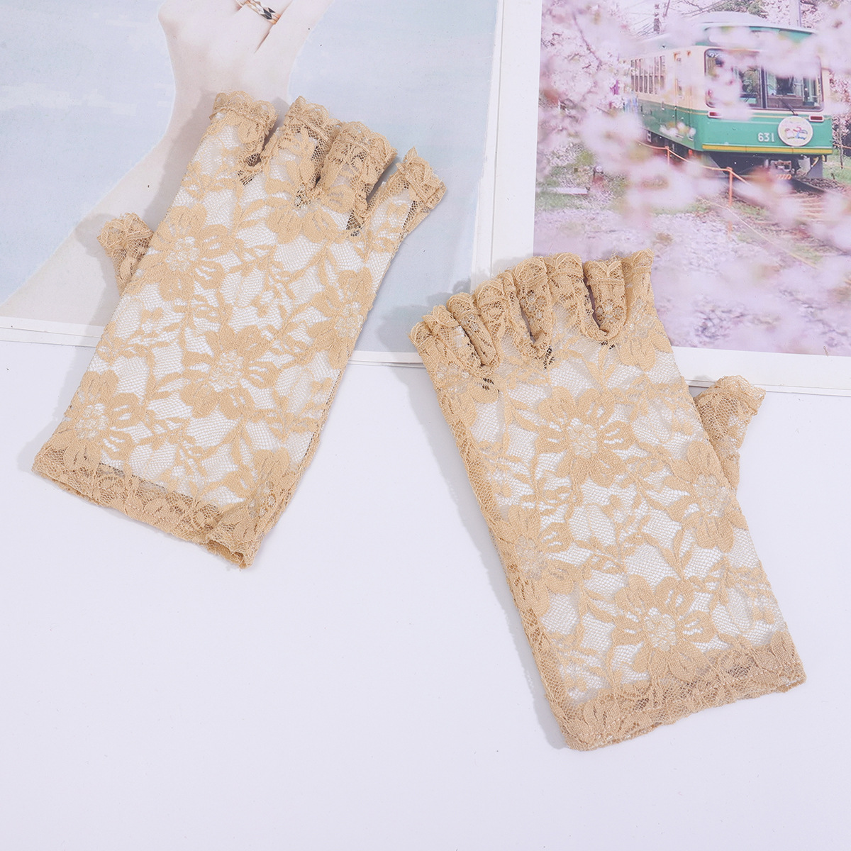 Protección solar sin dedos nupcial encaje medio dedo guantes de mujer corto floral guantes para boda ópera fiesta de té