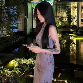夏季紫色新中式印花镂空改良旗袍裙女复古温柔风设计感小众开叉裙