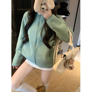 Mint Green Plush Collar Jacket Women's Winter 2024 New Loose Zipper Cardigan Warm Casual Top