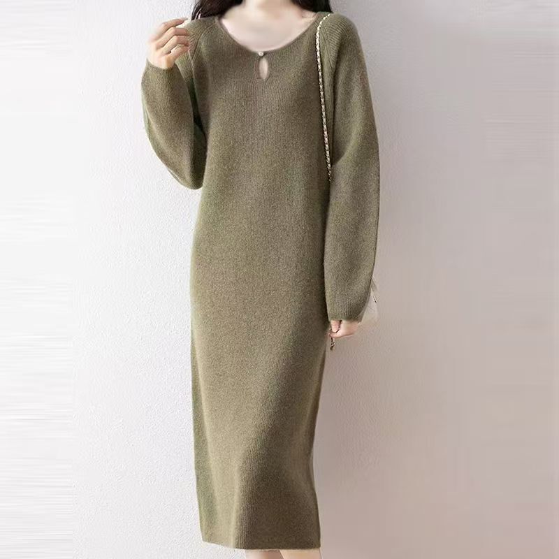 Solid Color Dress Spring, Autumn and Winter New Style Women's Round Neck Elegant Mid-Length Loose Slimming Look Knitwear Western Style Bottoming Skirt