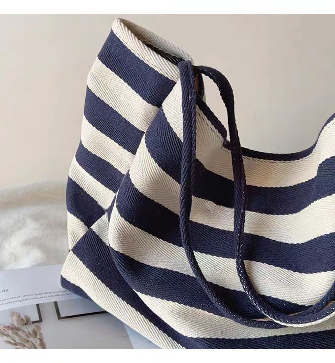 Contrast Stripe Canvas Tote Bag, Large Capacity Shoulder Bag_voghion.com