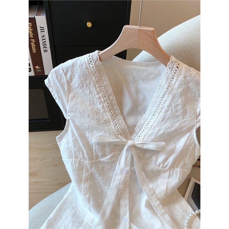 双层/原版绣花布+内里法式蕾丝刺绣镂空白色女夏飞飞袖气质上衣|undefined