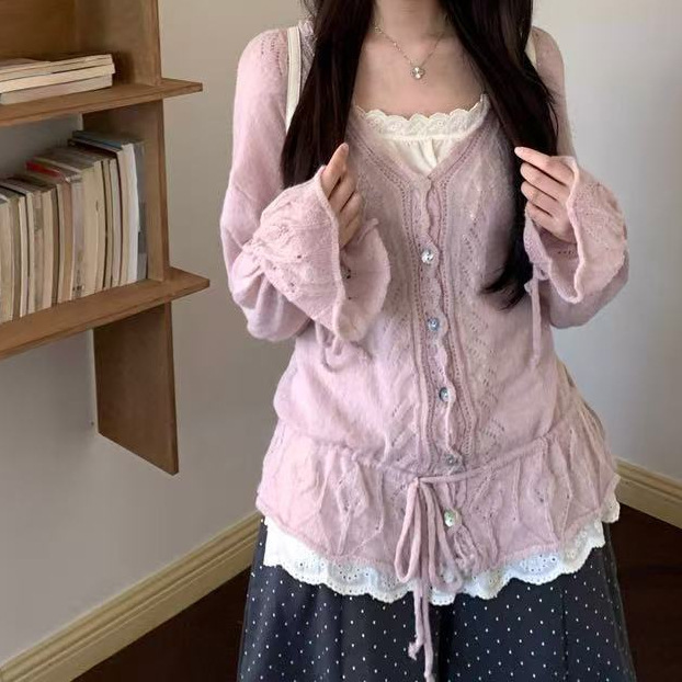 工厂直发慵懒软糯抽绳V领显瘦针织开衫+无袖蕾丝吊带背心其它|undefined