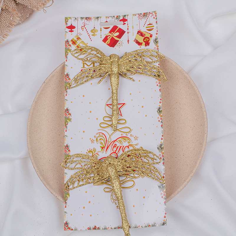 Colgante de Navidad personalizado polvo dorado brillante de plástico mariposa acoplamiento de ventana accesorios de decoración de flores de Navidad simuladas