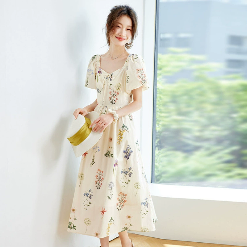 2025 новый летний стиль французского стиля цветочное платье для женщин, нежные и шикарные пышные рукава, длинная юбка с эффектом стройности талии