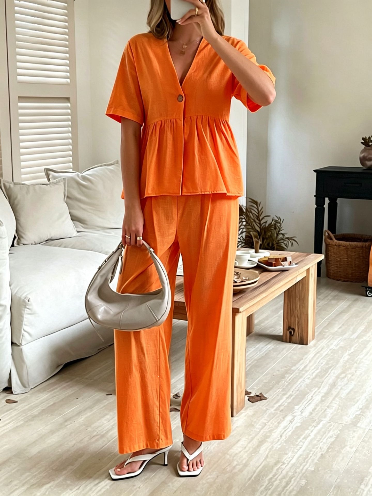 Women's Clothing Fashion Elegant Two Piece Set V Neck Loose Short Sleeved Top And Wide Leg Pants For Formal & Casual For Women_ecoleips.com