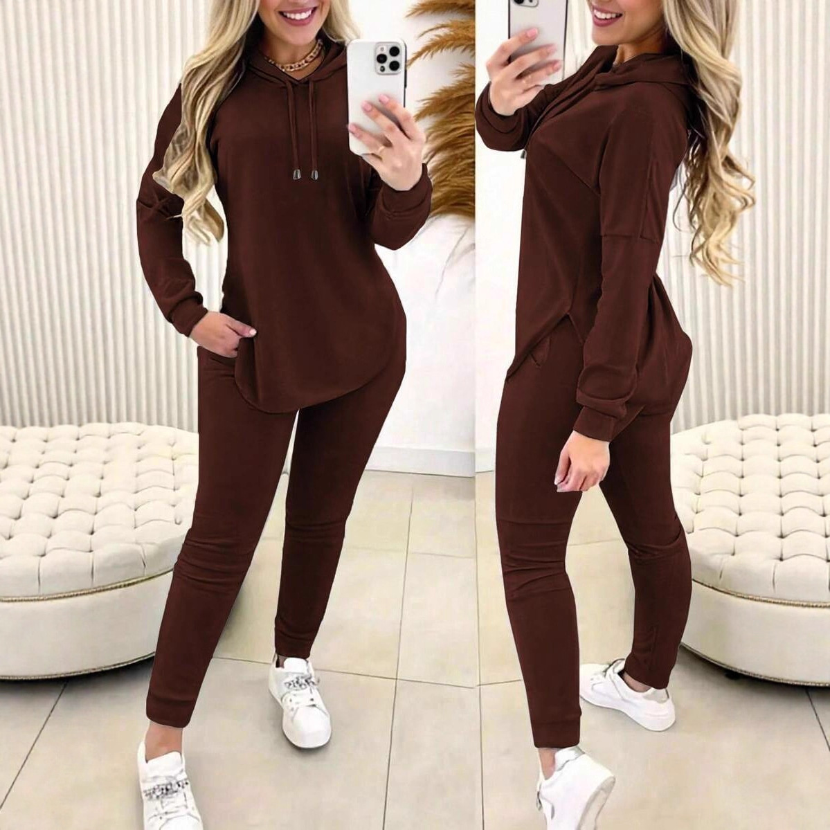 European and American Cross-Border Export Women's Clothing Amazon Hot Selling New Casual Sports Suit Hooded Sweatshirt and Pants Two-Piece Set