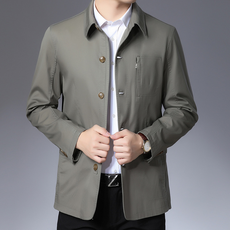 Spring and Autumn Men's New Middle-aged and Elderly Dad's Solid Color Lapel Casual Jacket Pure Cotton Business Jacket for Men