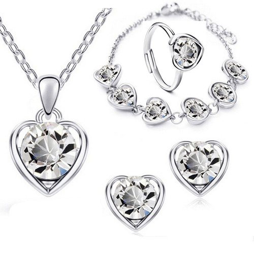 Fashion Crystal Heart Shape Jewelry Set of Four: Necklace, Earrings, Ring, and Bracelet