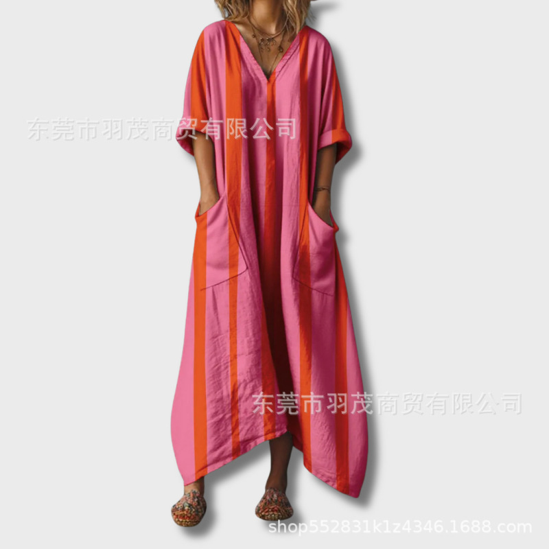 2025新款独立站女式复古花卉艺术图案印花口袋V领口袋连衣裙2|undefined