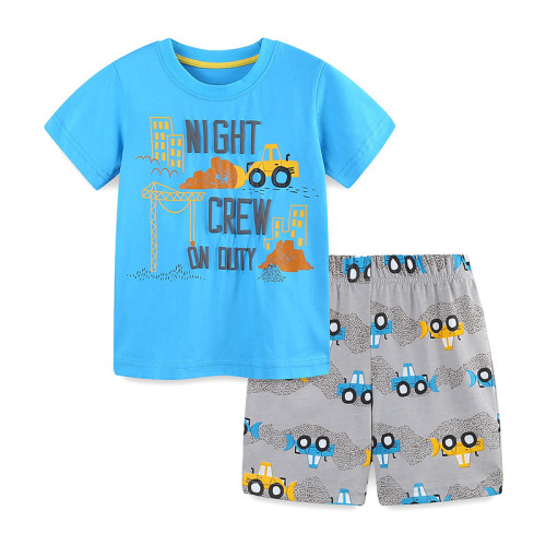 Children's Knit Cotton Set for Summer - 2-Piece Top with Cartoon Print, Round Neck, Boys' Fashion Athletic Wear