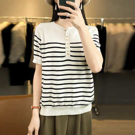 2024夏季时尚韩版新款高货条纹短袖T恤女宽松撞色半开领纯棉半袖