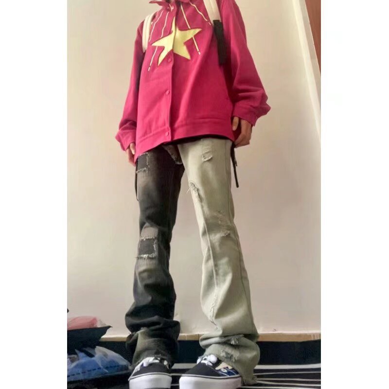 Patchwork Color Block Ripped Jeans For Men Spring And Autumn American High Street Style Slightly Flared Slim Straight_voghion.com