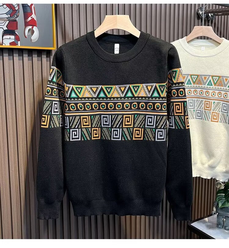 "Men's Jacquard Knit Sweater - European & American Style Thick Winter Pullover With Long Sleeves, Fashionable Textured Design_viptrois.com
