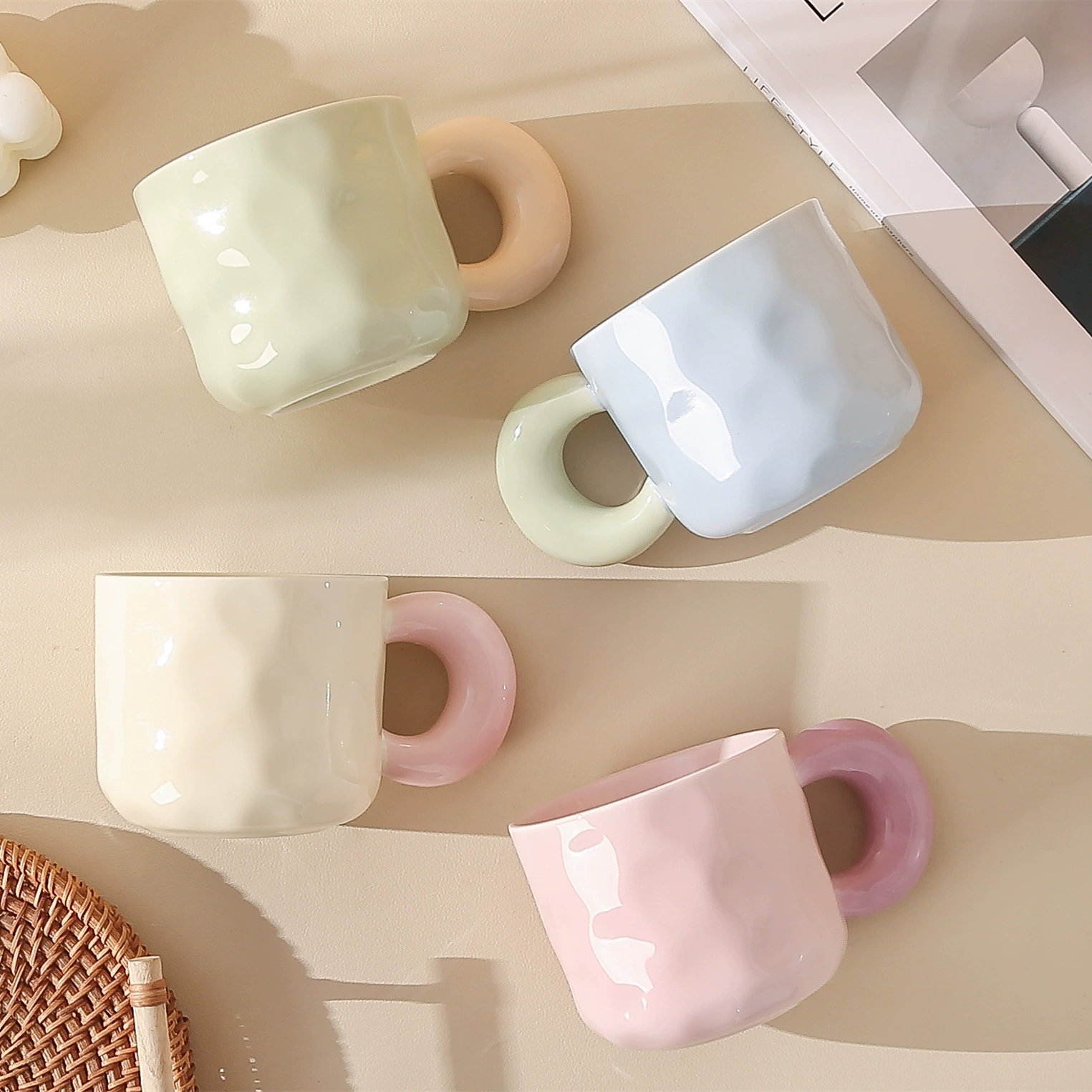 Contrasting Ring-Handle Ceramic Mug, 301–400 ml, Textured Pastel Colors