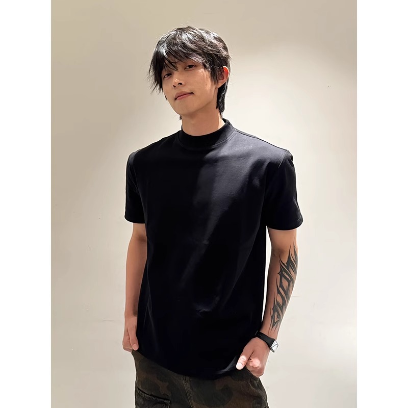 Black American-Style Regular Shoulder Short-Sleeve Summer New Stylish Slim-Fit Men's Heavy T-Shirt with Pure Cotton Base Layer