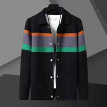 翻领开衫毛衣外套男士秋季新款拼接撞色条纹休闲宽松保暖针织衫