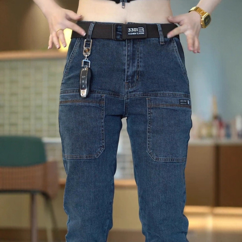 Spring and Summer Thin Six-Pocket Men's Stretch Straight Jeans, Men's Long Pants with Multiple Pockets, Versatile Casual Slim Jeans