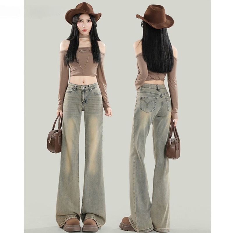 American Retro Yellow Mud-Colored Flared Jeans for Women 2025 Trendy Versatile New Winter Low-Waist Loose Pants