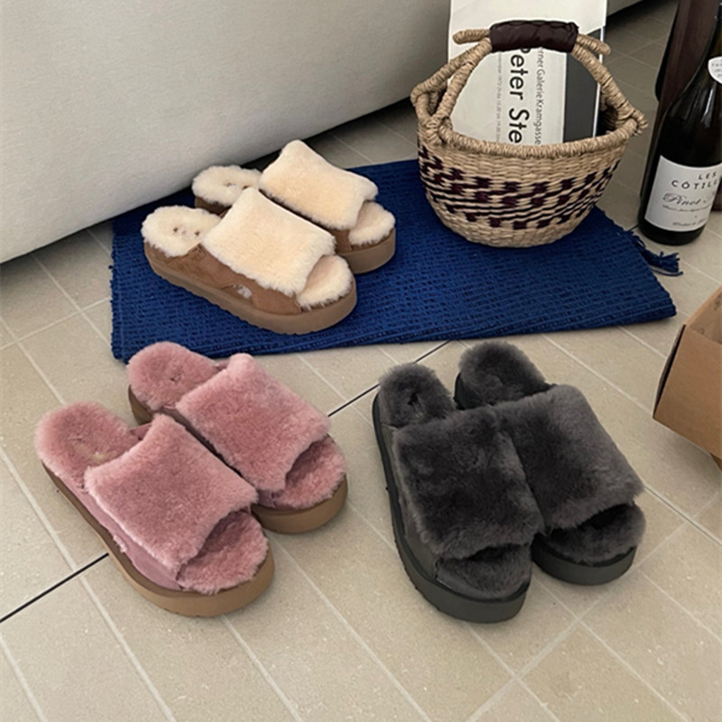 Foreign Trade 2025 Autumn and Winter New Women's Fashionable and Comfortable Thick-Soled Open-Toe Casual Simple Lazy Shoes One-Line Furry Slippers