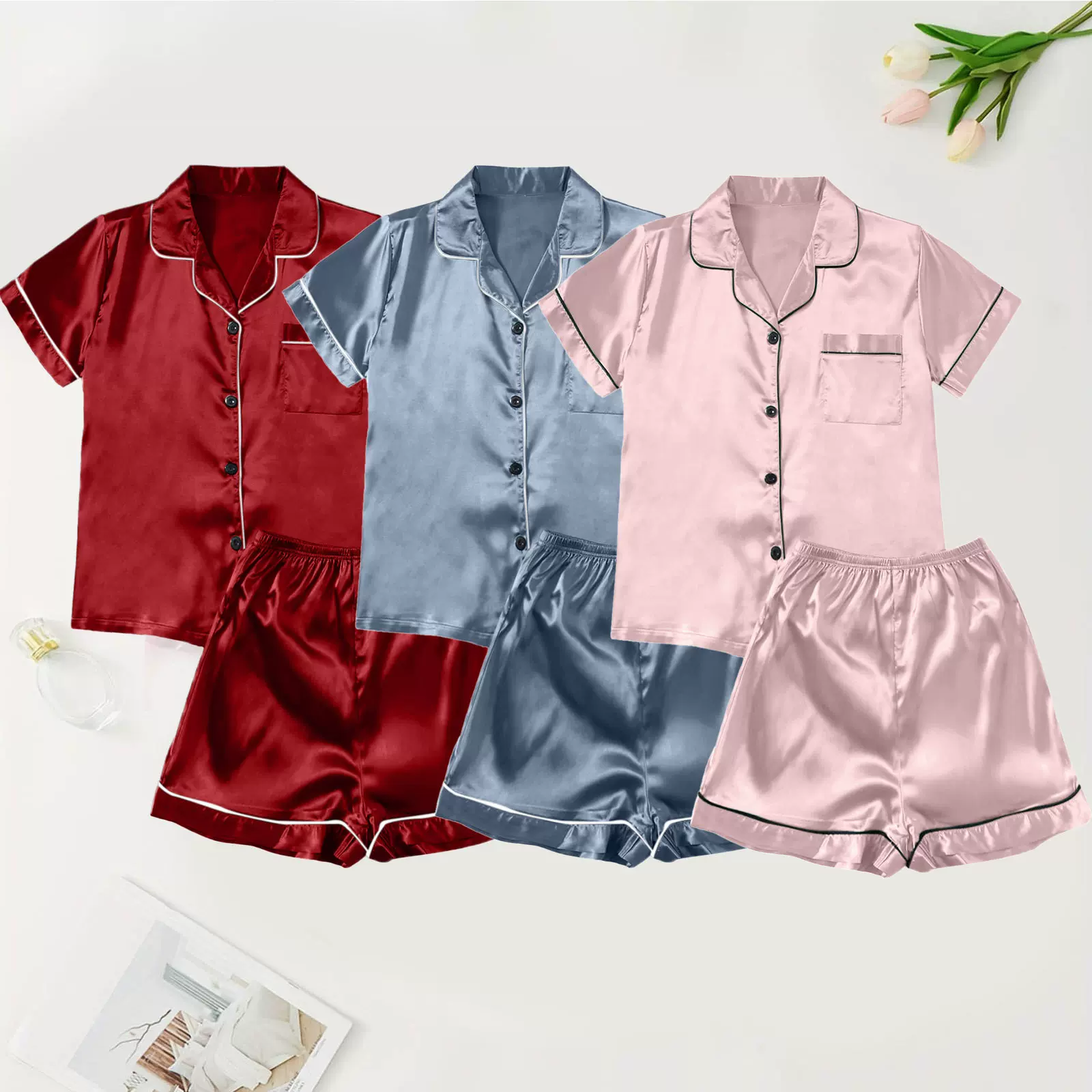 多件套组合冰丝睡衣女夏季短袖短裤仿真丝家居服纯色开衫套装外贸