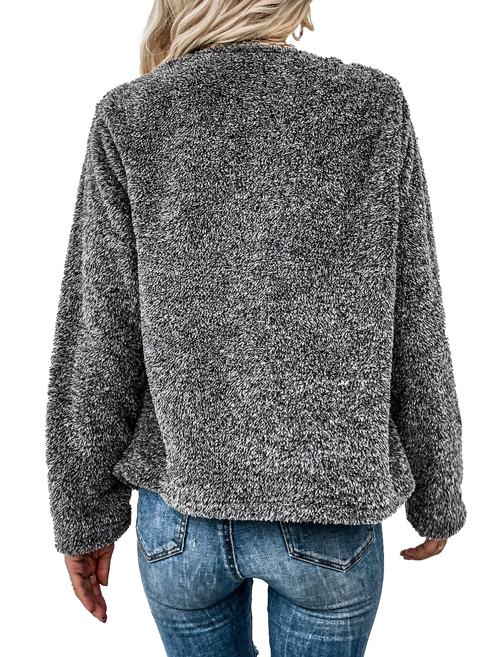 Lapel Dark Gray Double-Sided Fleece Long-Sleeved Cardigan Coat NSDF84882
