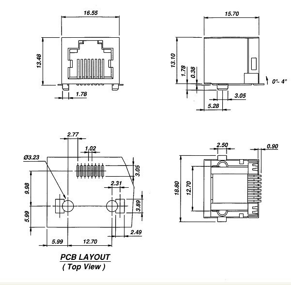 贴片式网络插座RJ45连接器 8P8C SMT SMD 带屏蔽外壳