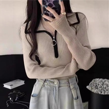 美式翻领半拉链毛衣女春秋新款甜辣妹修身显瘦别致长袖打底针织衫