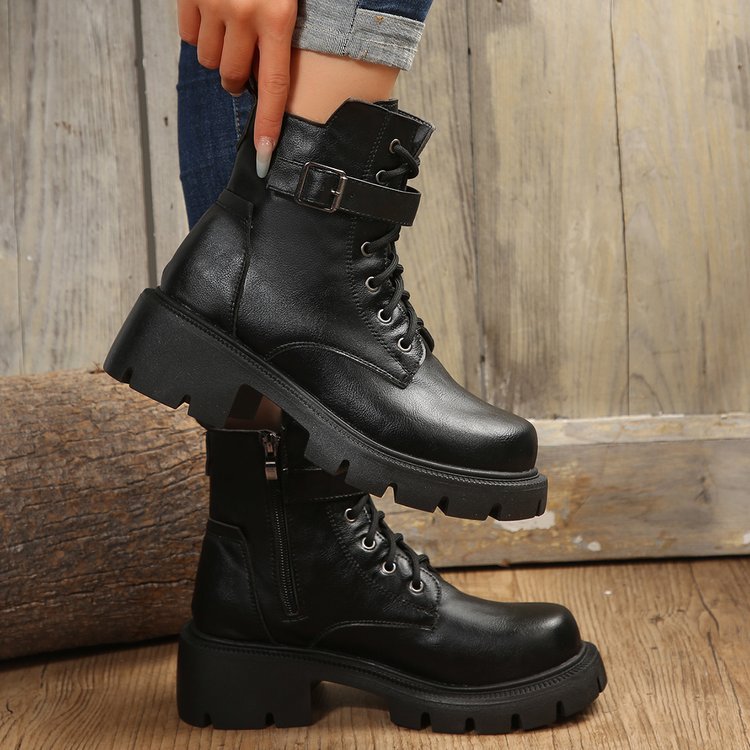 New autumn winter British style motorcycle boots thick soled belt buckle vintage ankle boots plus size_voghion.com