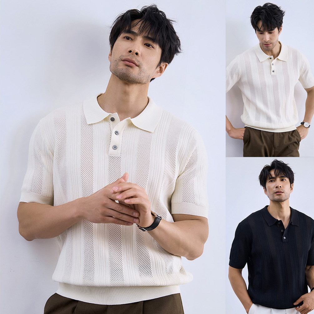 Polo camiseta de punto camiseta de manga corta hombre solapa rayas huecas viejas camisetas de negocios de verano fábrica transfronteriza al por mayor