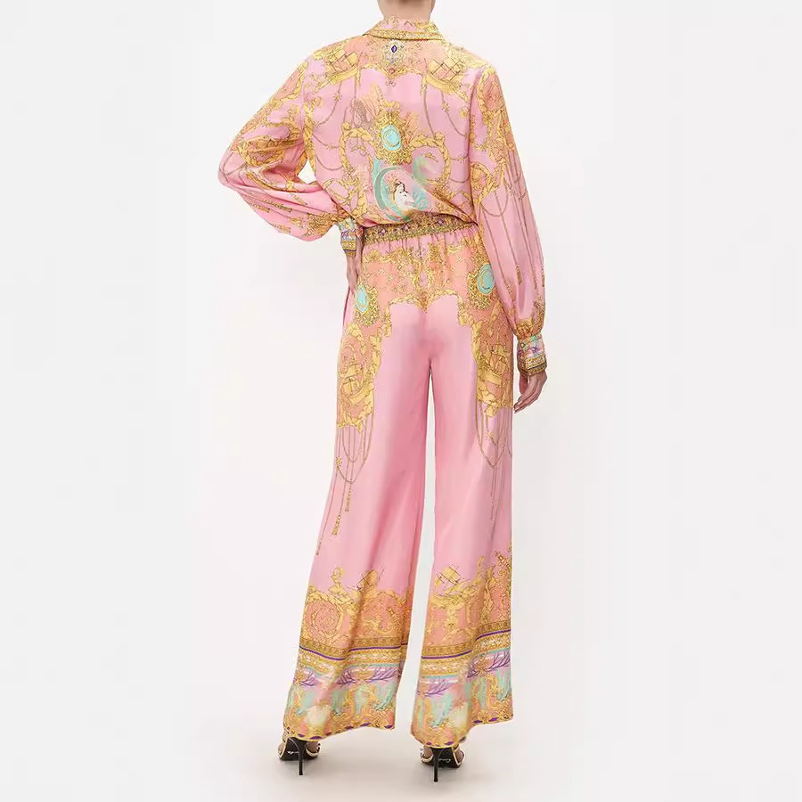 Damenbekleidung Independent Station 2024 Neuer Freizeiturlaub Langärmliges rosa bedrucktes Hemd und Hose Zweiteiliger Anzug für Damen_voghion.com
