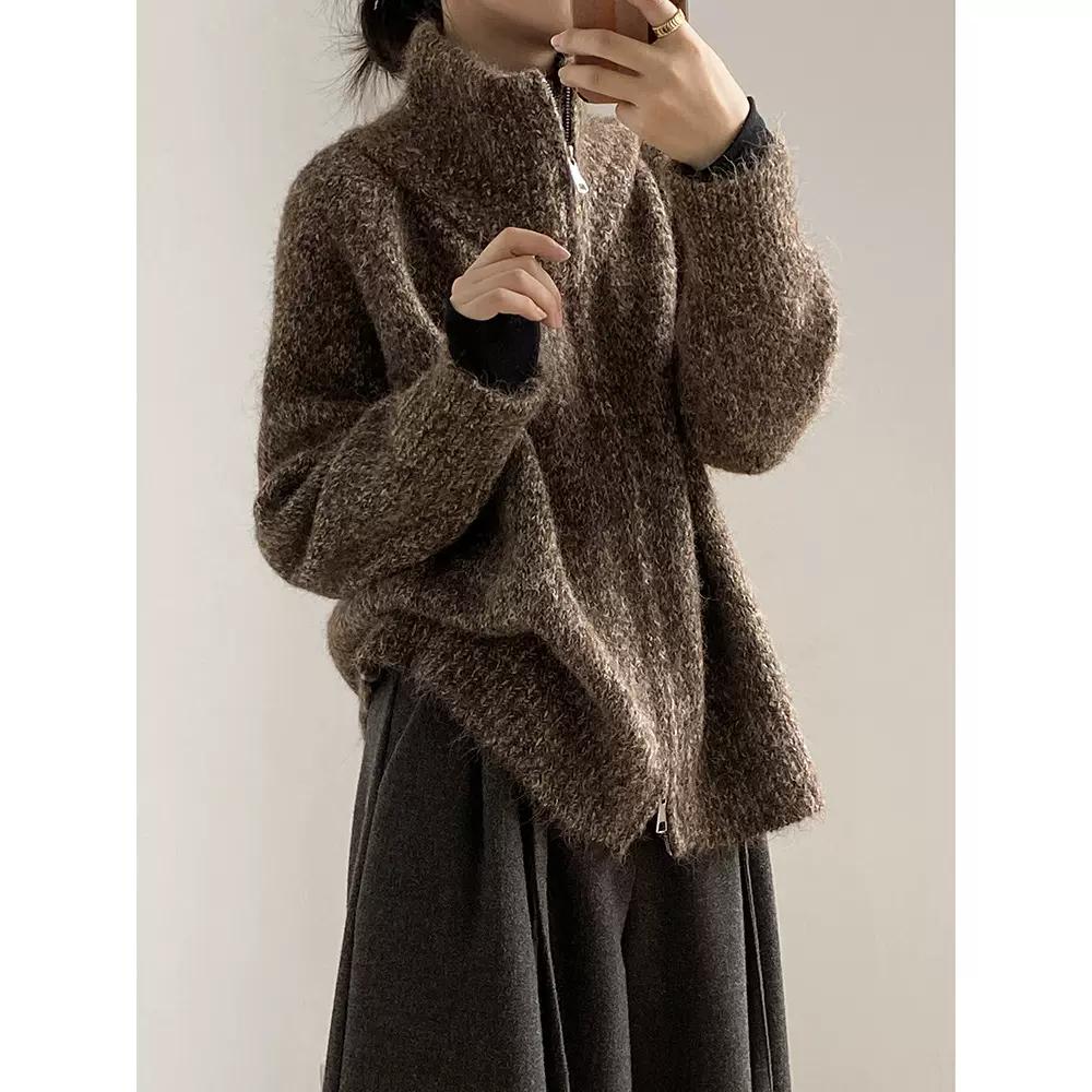 言双 软糯宽松高领毛衣外套女秋冬小众慵懒针织拉链开衫上衣P1042