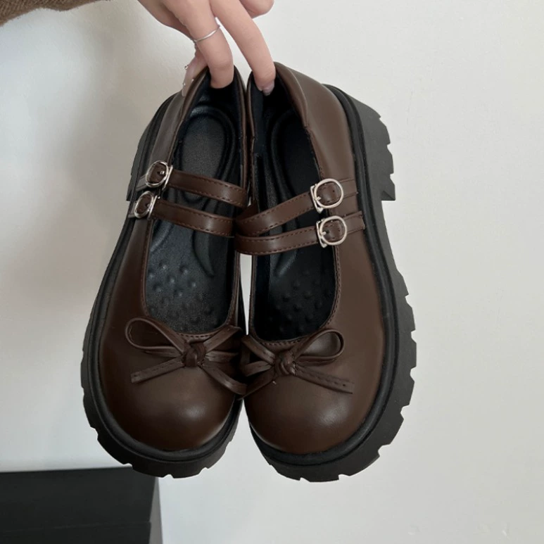 Универсальные женские туфли на плоской подошве с бантом в стиле ретро, новинка 2024, коричневые удобные кожаные туфли с круглым носком на толстой подошве и толстом каблуке