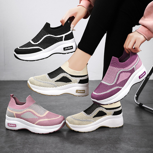 Mesh shoes thick-soled casual style women's shoes manufacturer wholesale drop-shipping height-increasing shoes spring new style fly-knit breathable mother's shoes