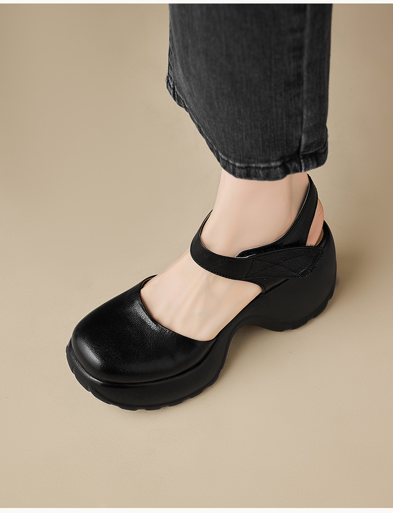 Sandal cao gót nữ hở mũi da thật quai dán, đế platform chống trượt, gót 9 cm — màu đen, màu trắng ngà chi tiết 7