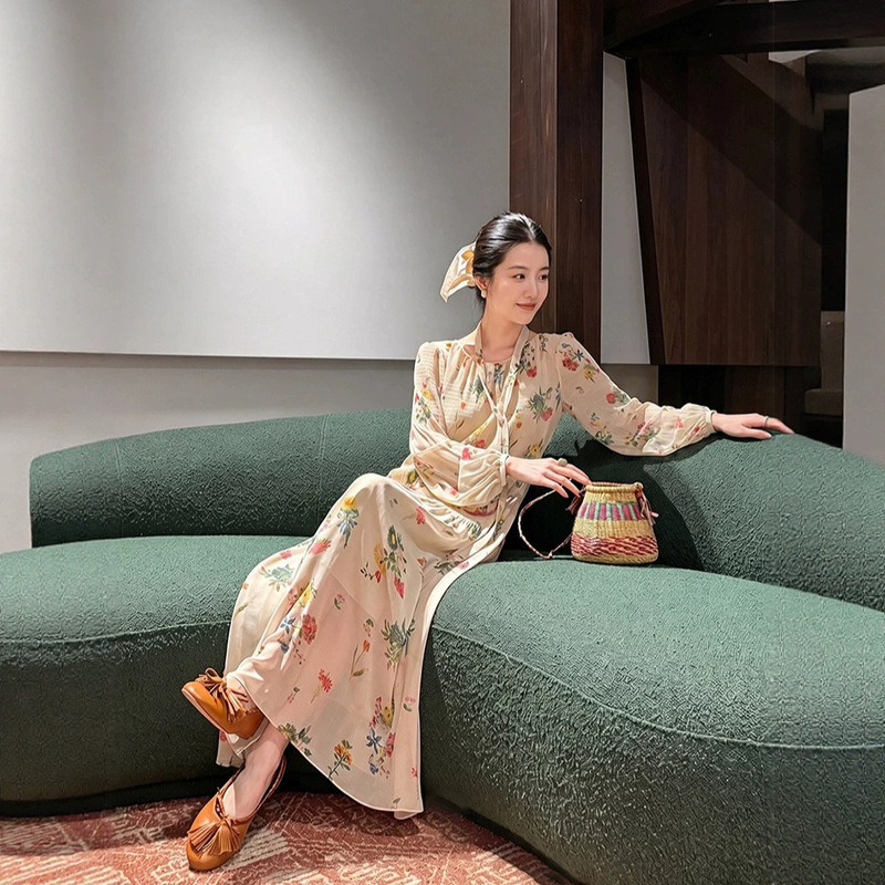 【Huimu】French-Style Floral Print Long-Sleeve Dress for Women, Summer Pastoral Style Pleated Chiffon Vacation Long Dress
